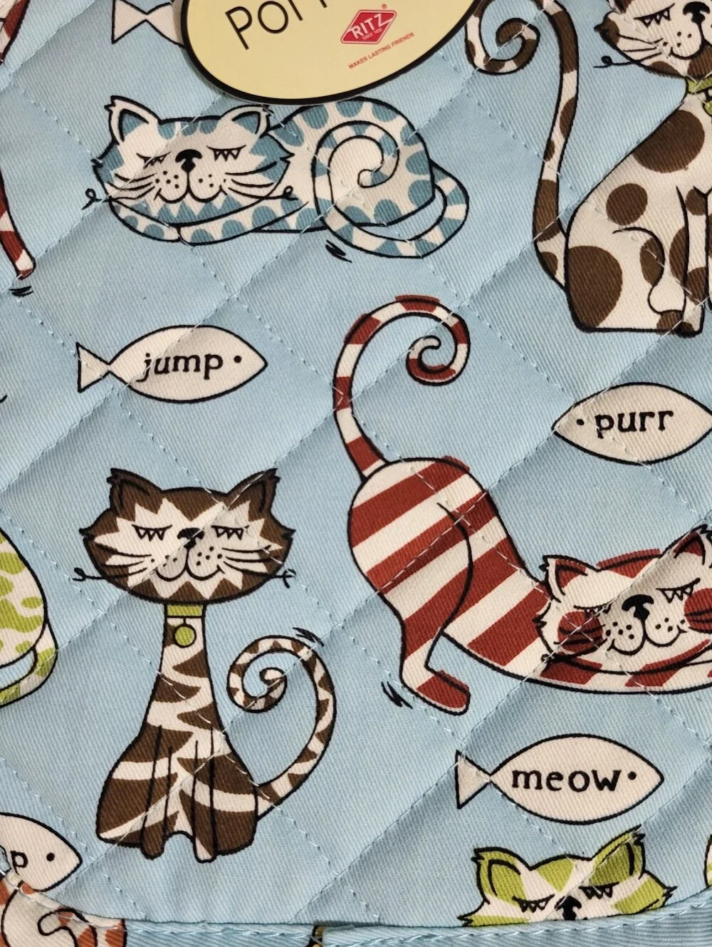 Ritz Kitchen Wears Retro Cats Set 2 Potholders Hot Pads Blue Quilted Kitsch MCM